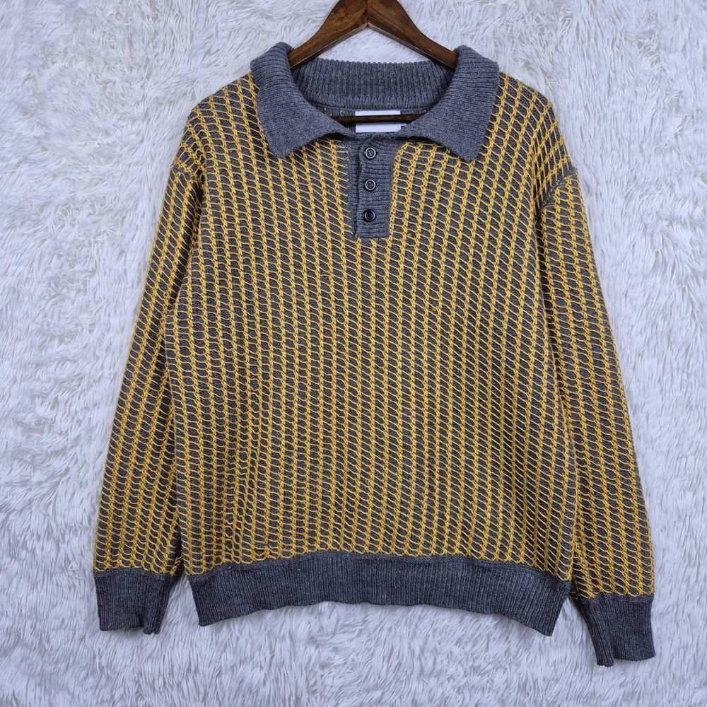 OXKNITSTORE Mens Cotton Knit Polo Sweater Gray Yellow Textured Long Sleeve L